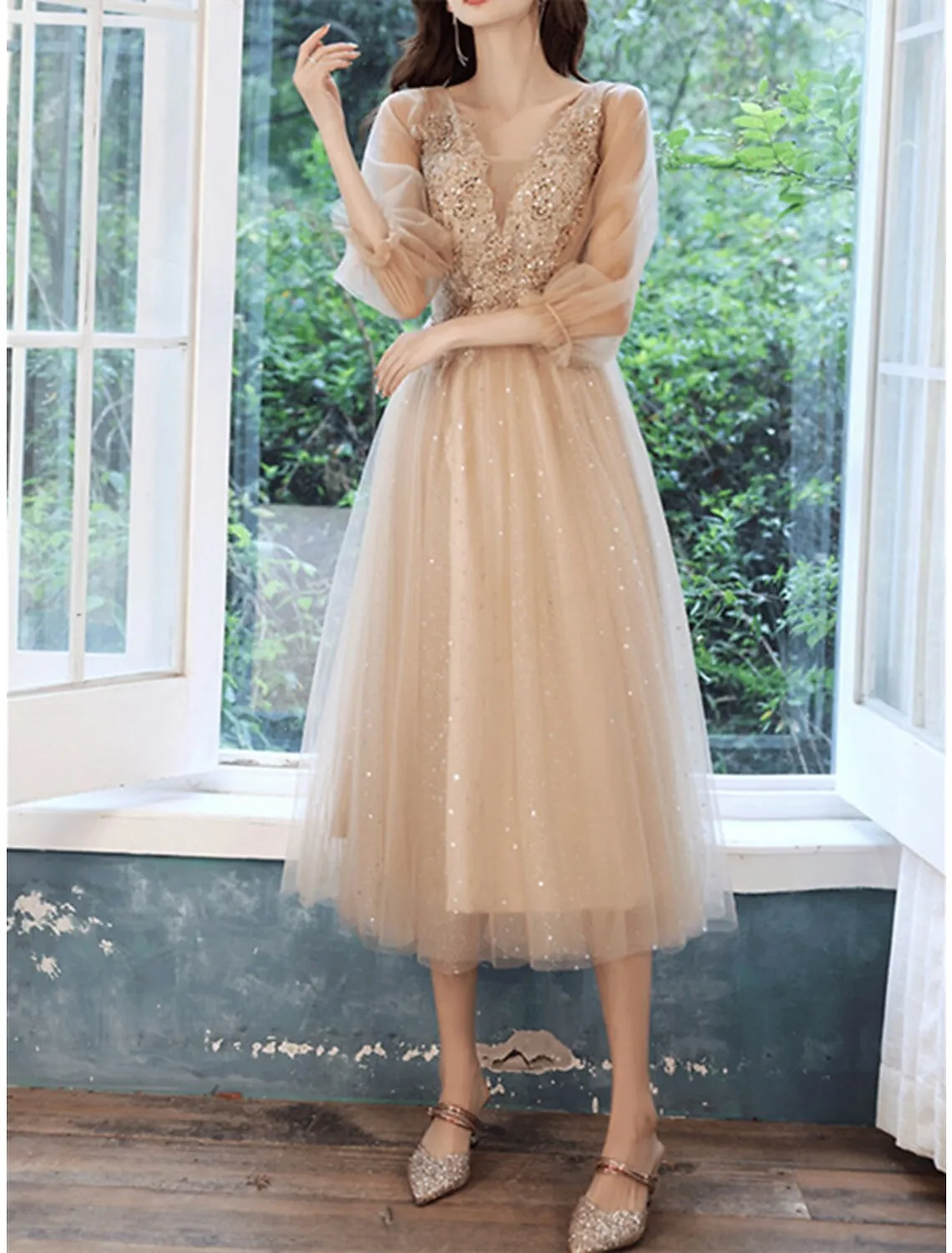 A-Line Sparkle Elegant Prom Formal Evening Birthday Dress V Neck 3/4 Length Sleeve Tea Length Tulle with Sequin Appliques