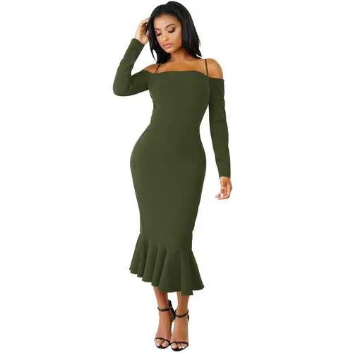 Army Green Off-shoulder Hammock Long Sleeve Mermaid Ruffle Dress
