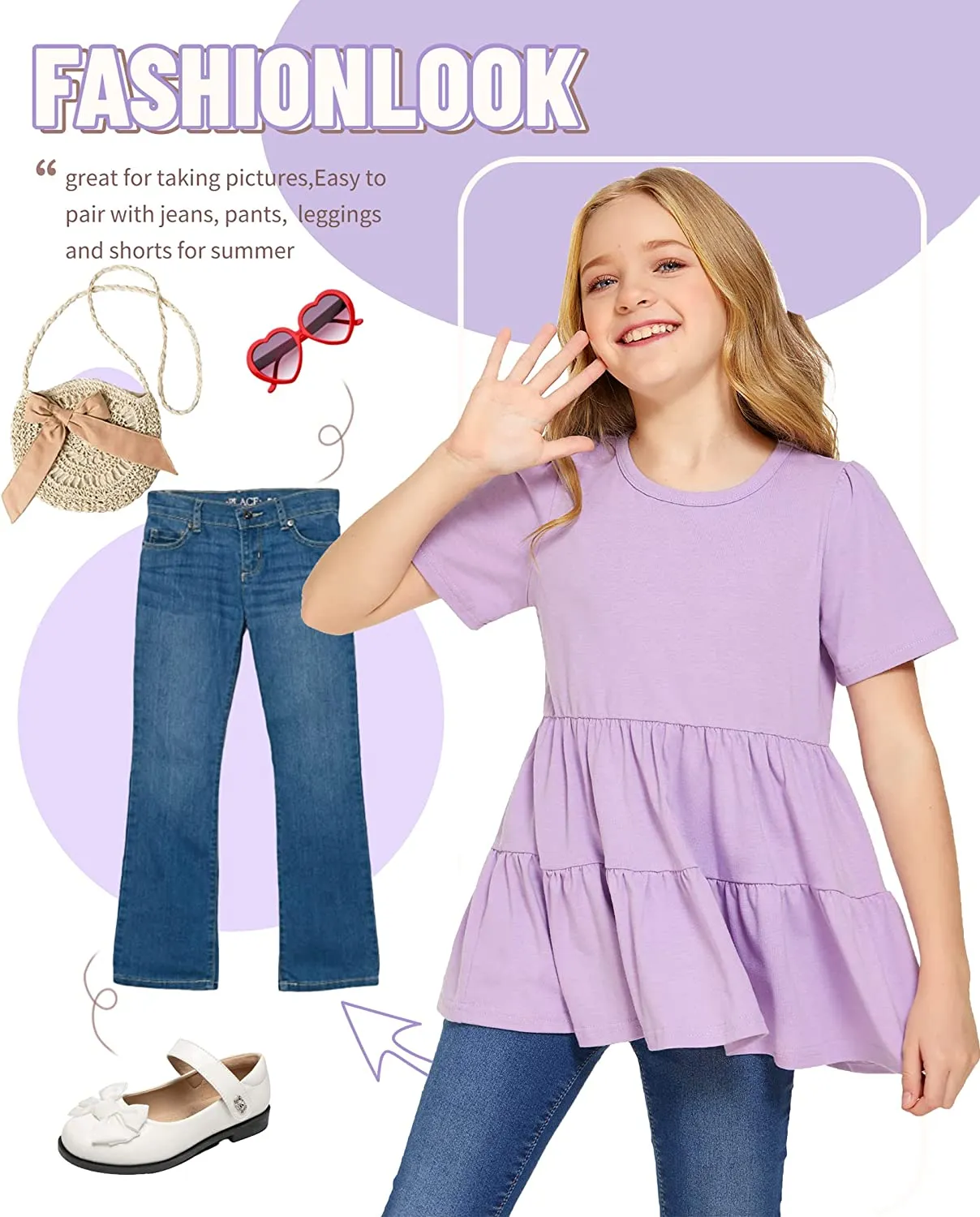 Arshiner Girl's Peplum Tops Short Sleeve T Shirts