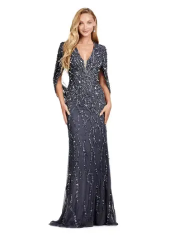 Ashley Lauren 11430 Long Prom Dress Sequin V-Neck Evening Gown with Cape Sleeves Formal Pageant