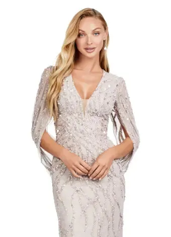 Ashley Lauren 11430 Long Prom Dress Sequin V-Neck Evening Gown with Cape Sleeves Formal Pageant