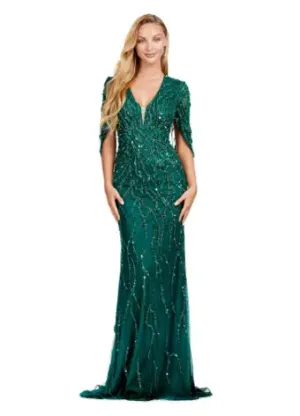 Ashley Lauren 11430 Long Prom Dress Sequin V-Neck Evening Gown with Cape Sleeves Formal Pageant