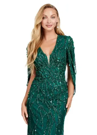 Ashley Lauren 11430 Long Prom Dress Sequin V-Neck Evening Gown with Cape Sleeves Formal Pageant
