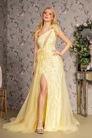 Asymmetric Feather Mesh Mermaid w/ Detachable Waist Drape Long Prom Dress GLGL3278