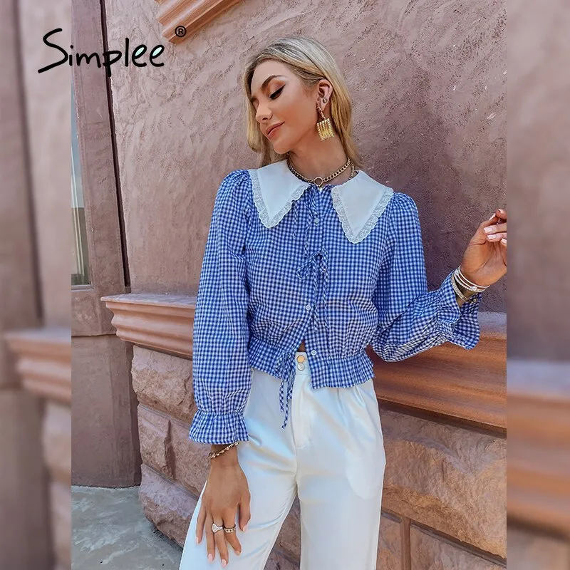 Back to College Joskaa Office lady cotton plaid blouse shirt summer Casual lace up women's short tops blue Long sleeve female work shirt 2024