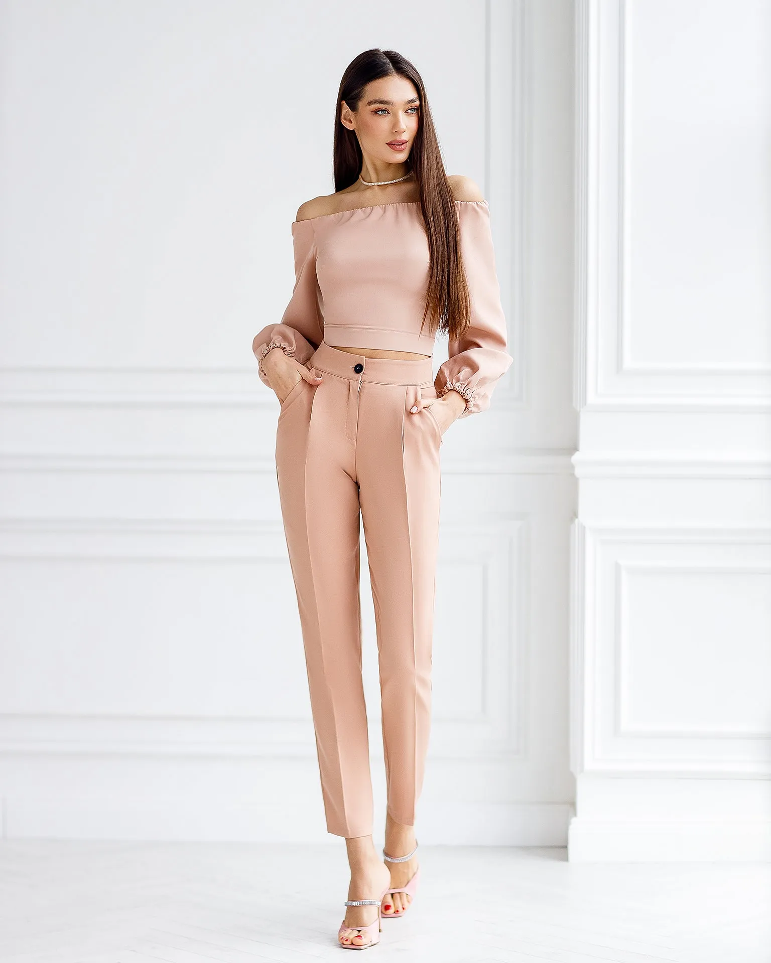 Beige High Waisted  Regular Fit Pants