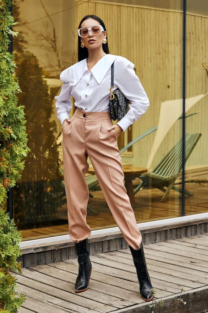 Beige High Waisted  Regular Fit Pants