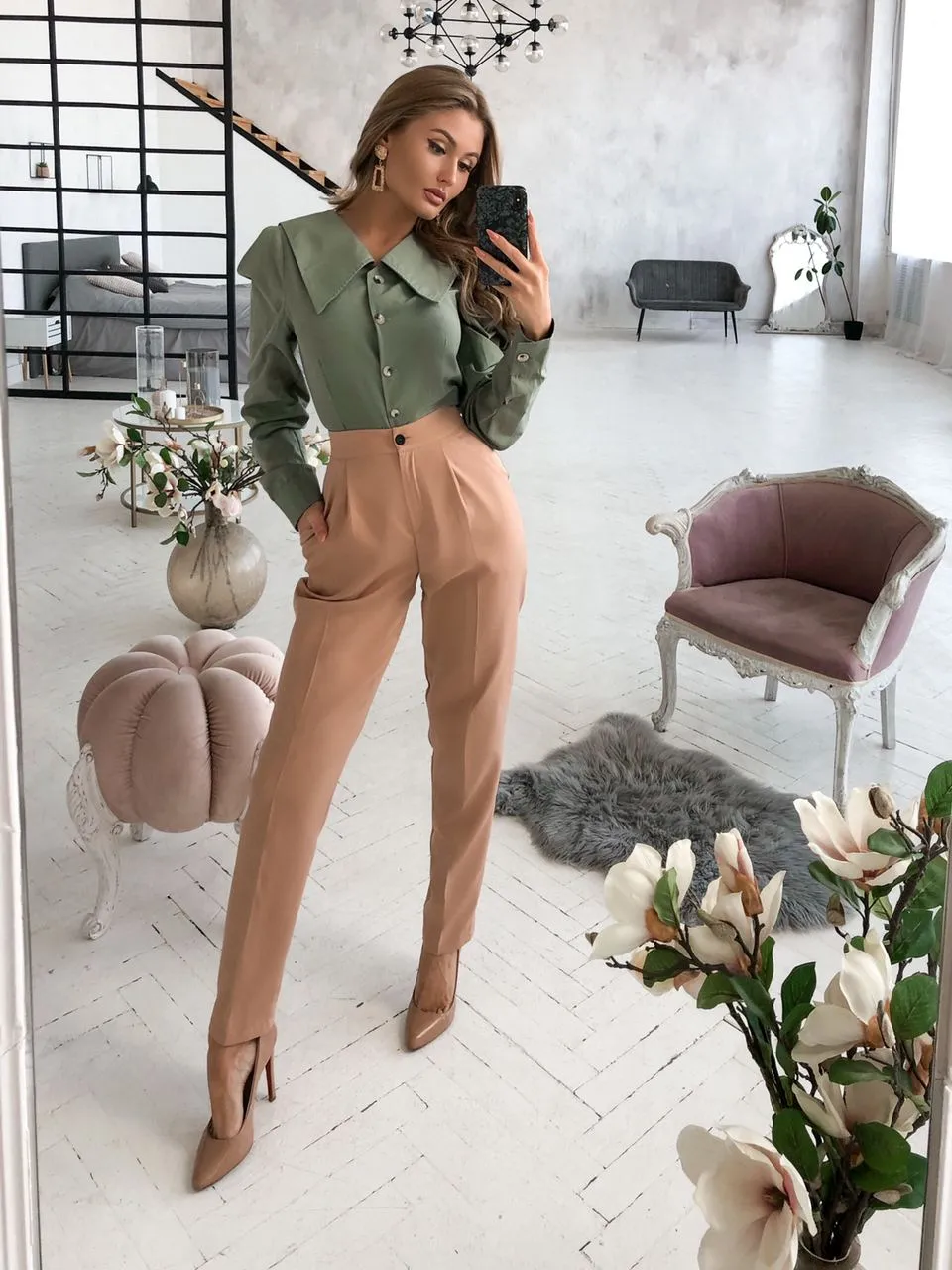 Beige High Waisted  Regular Fit Pants