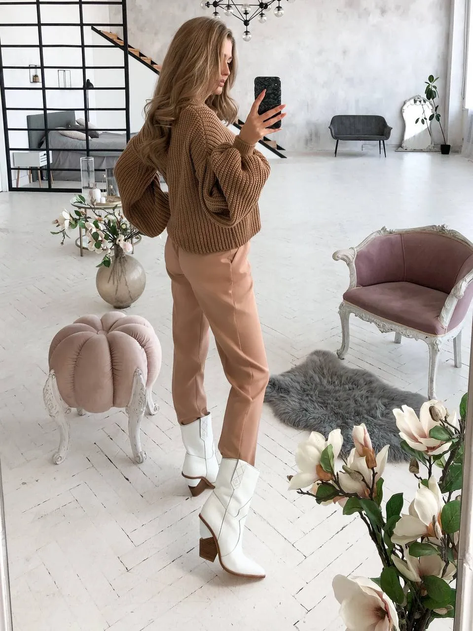 Beige High Waisted  Regular Fit Pants