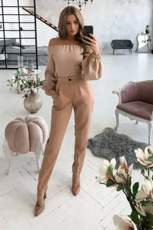 Beige High Waisted  Regular Fit Pants