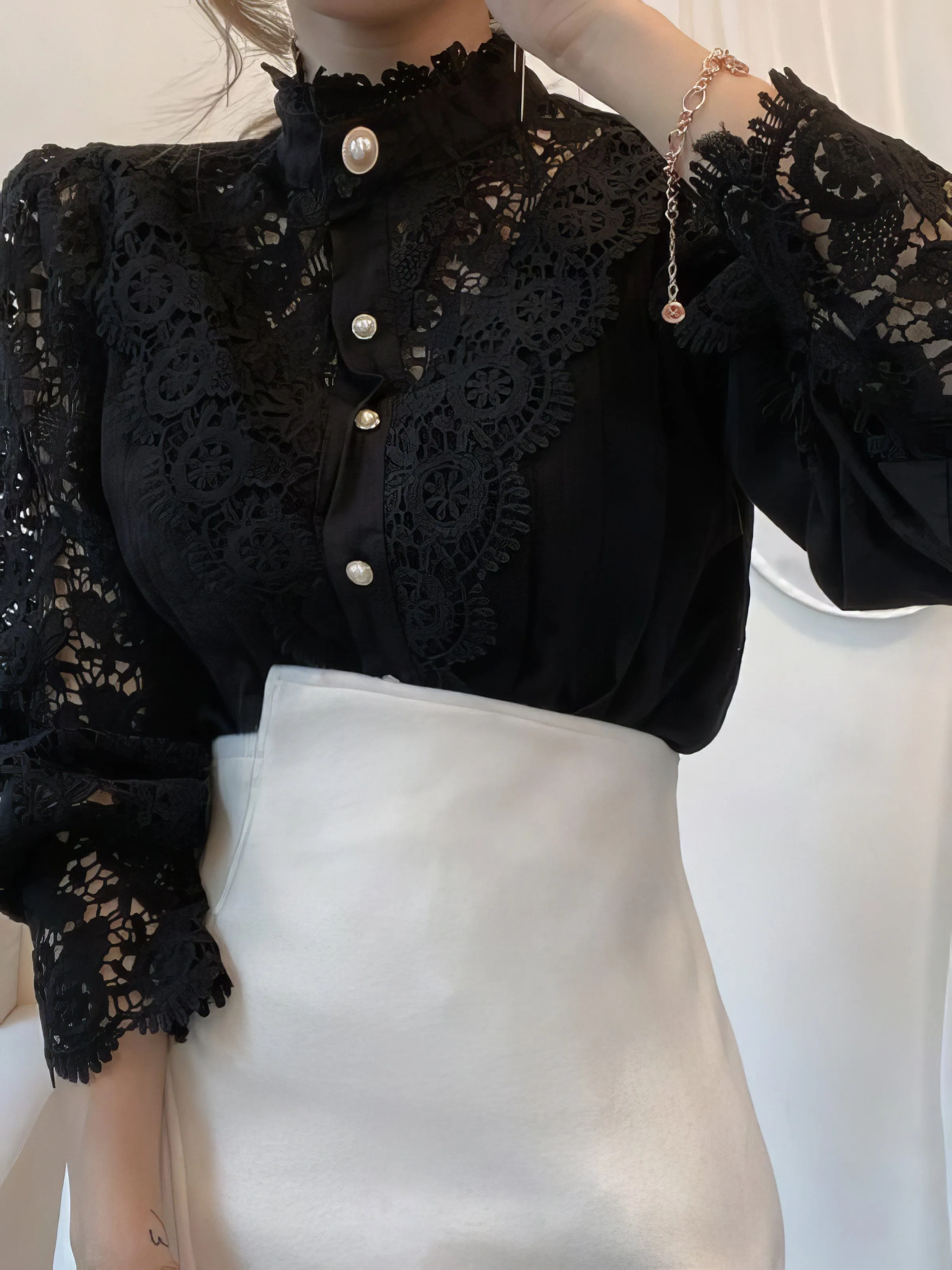 Bohemian Lace Blouse with Puff Sleeves and Pearl Accents