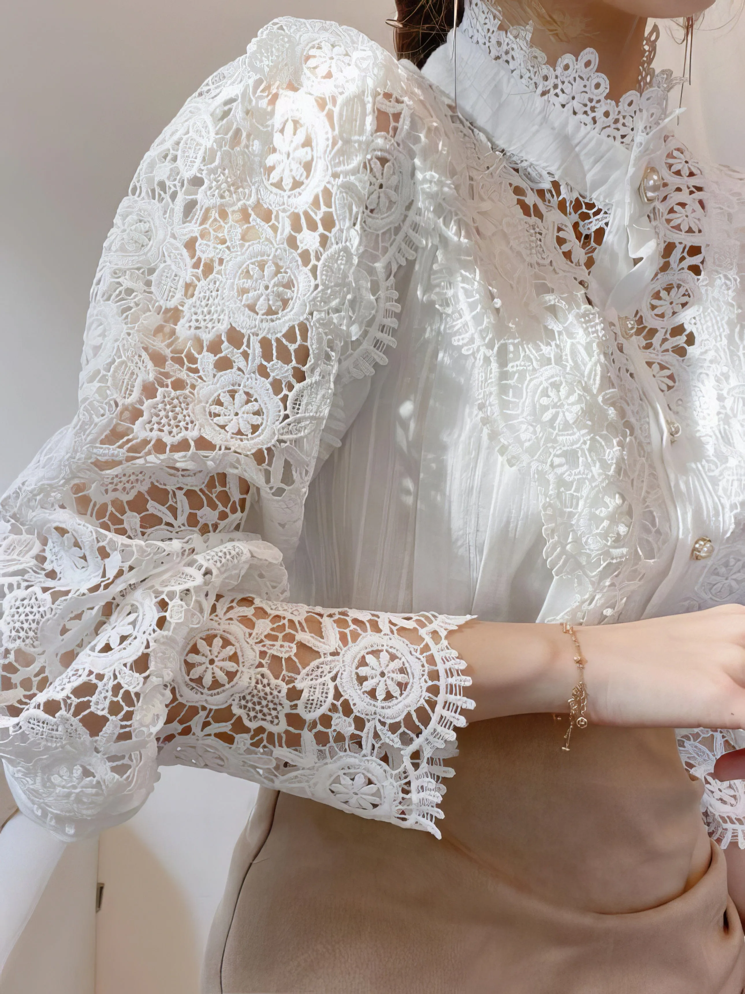 Bohemian Lace Blouse with Puff Sleeves and Pearl Accents