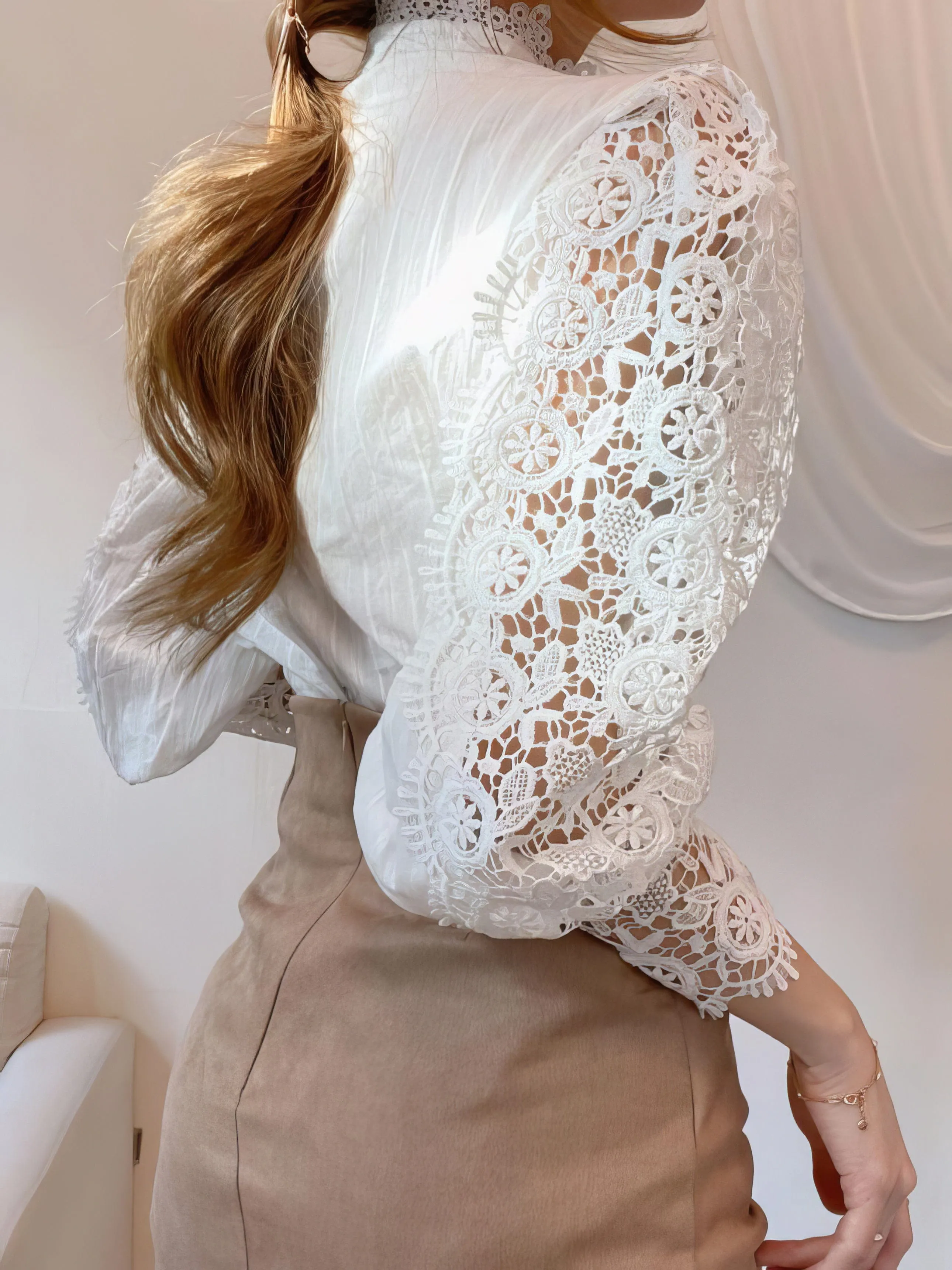 Bohemian Lace Blouse with Puff Sleeves and Pearl Accents