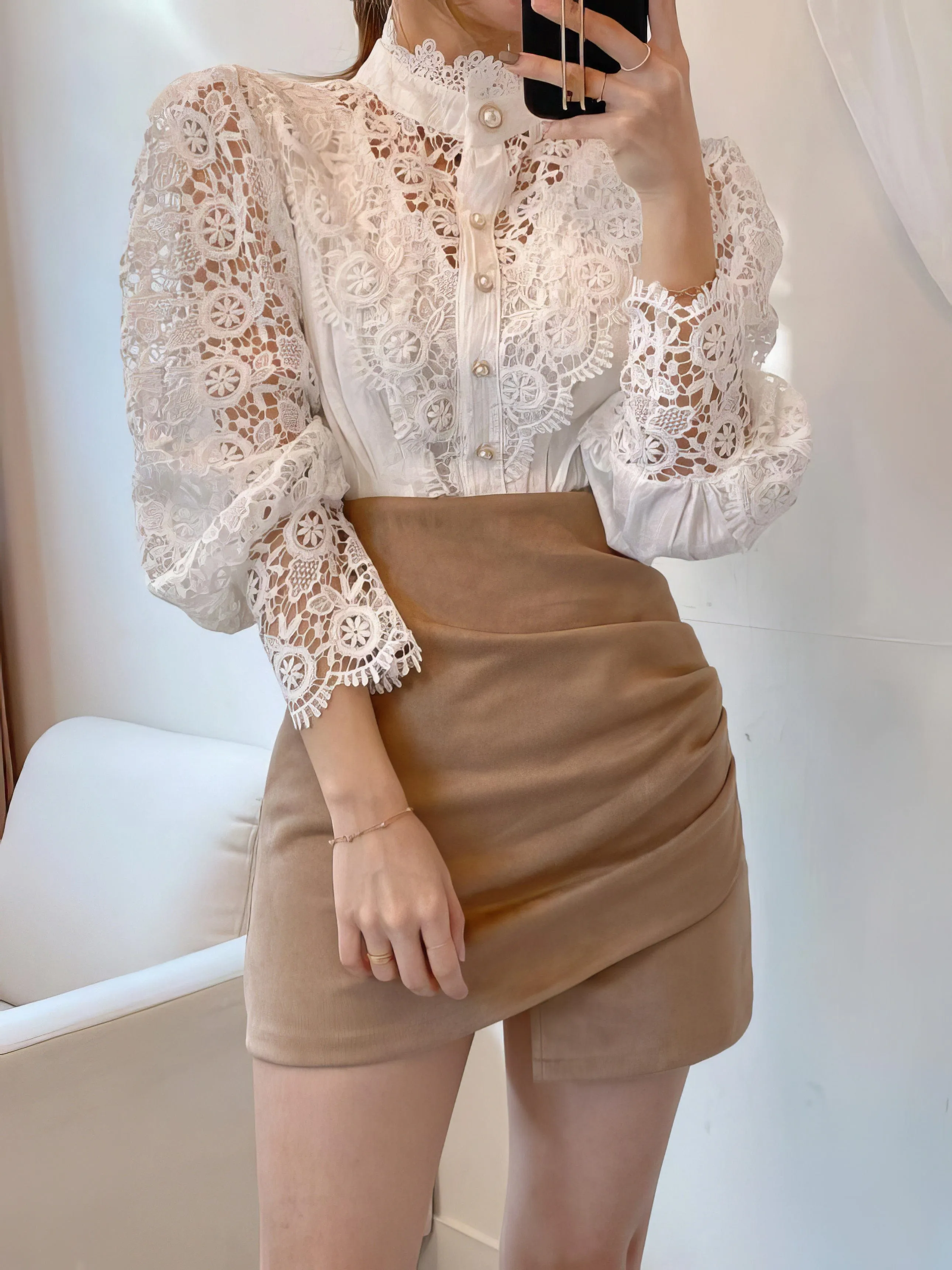 Bohemian Lace Blouse with Puff Sleeves and Pearl Accents
