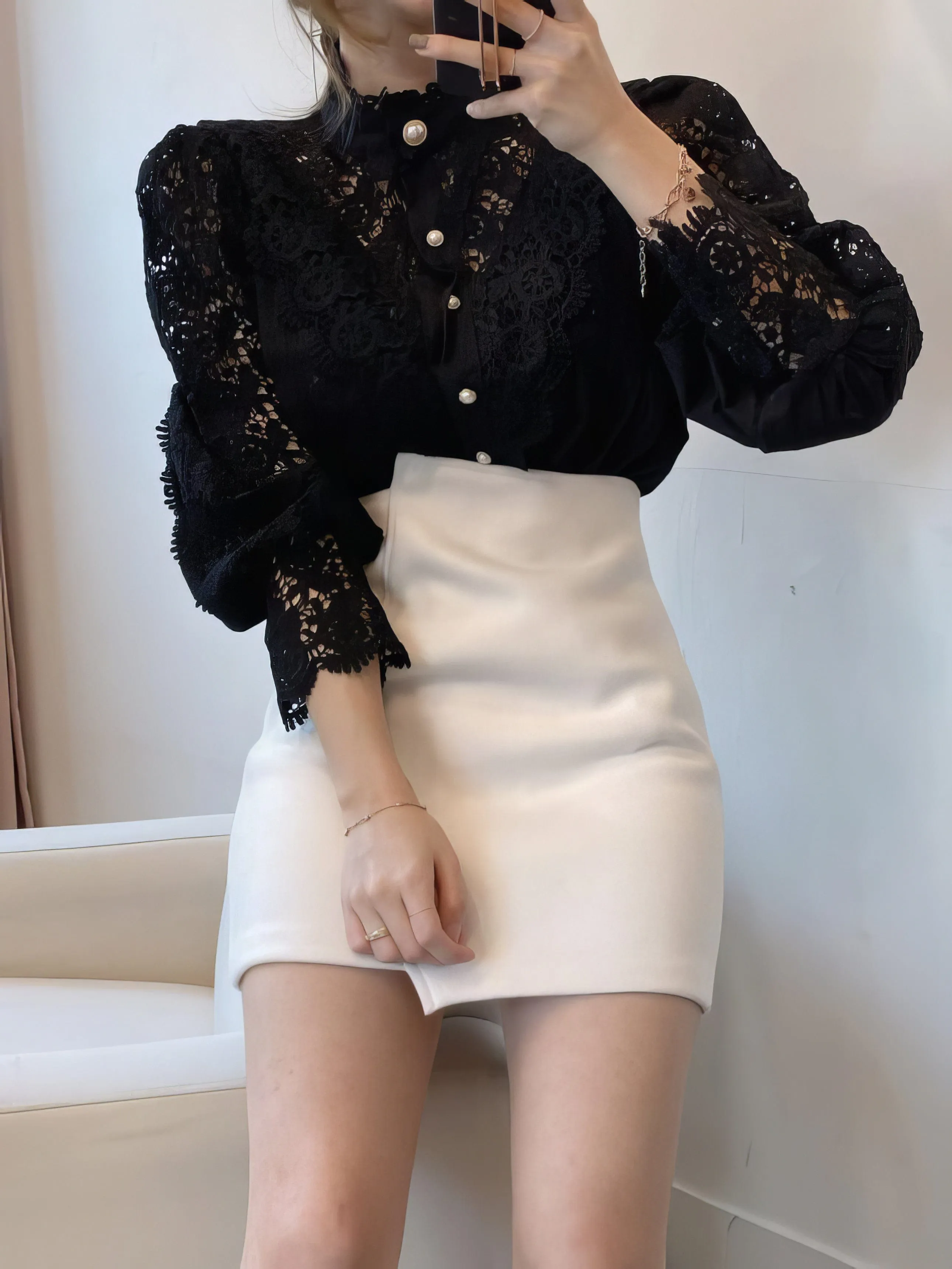 Bohemian Lace Blouse with Puff Sleeves and Pearl Accents