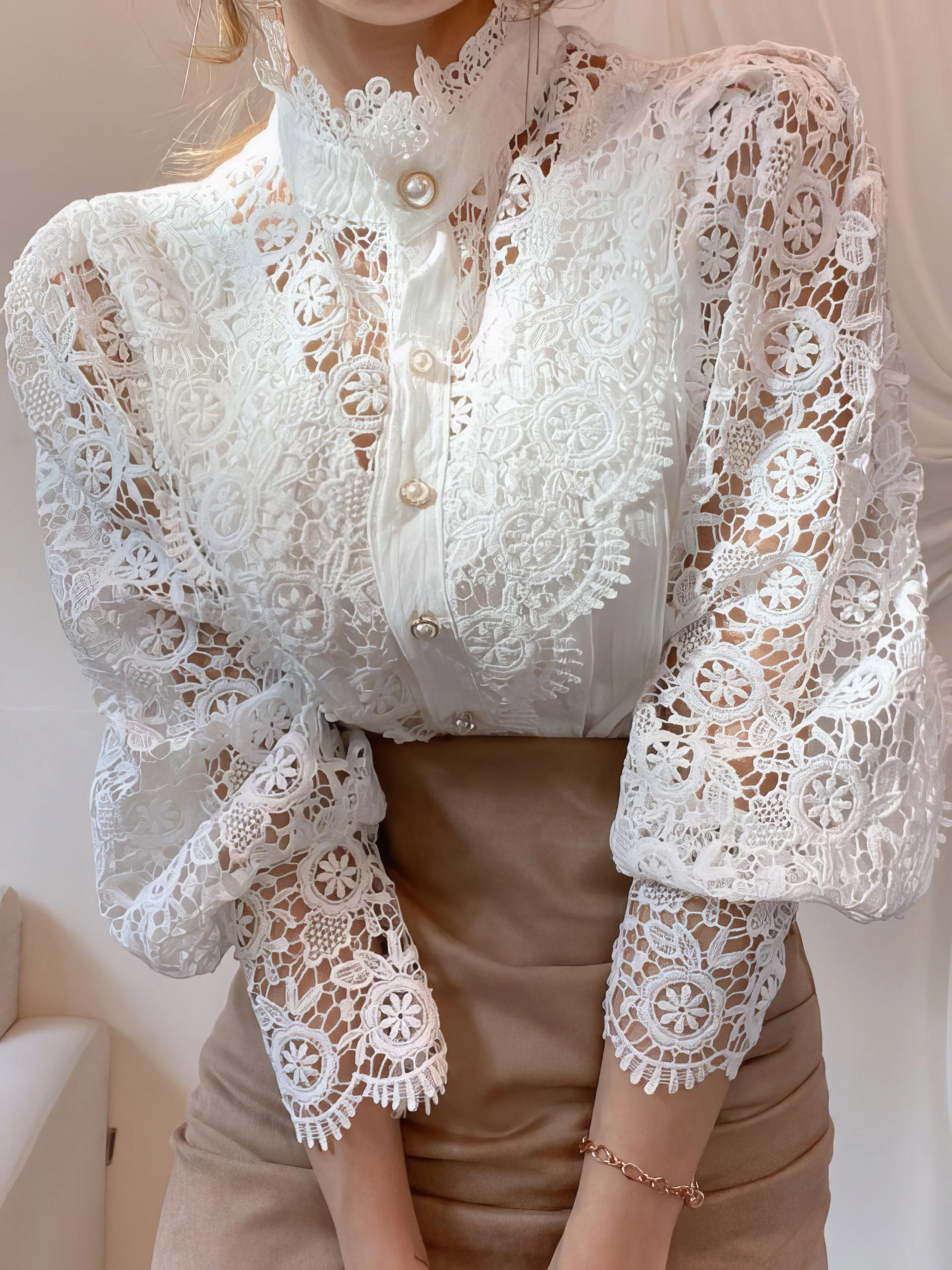 Bohemian Lace Blouse with Puff Sleeves and Pearl Accents