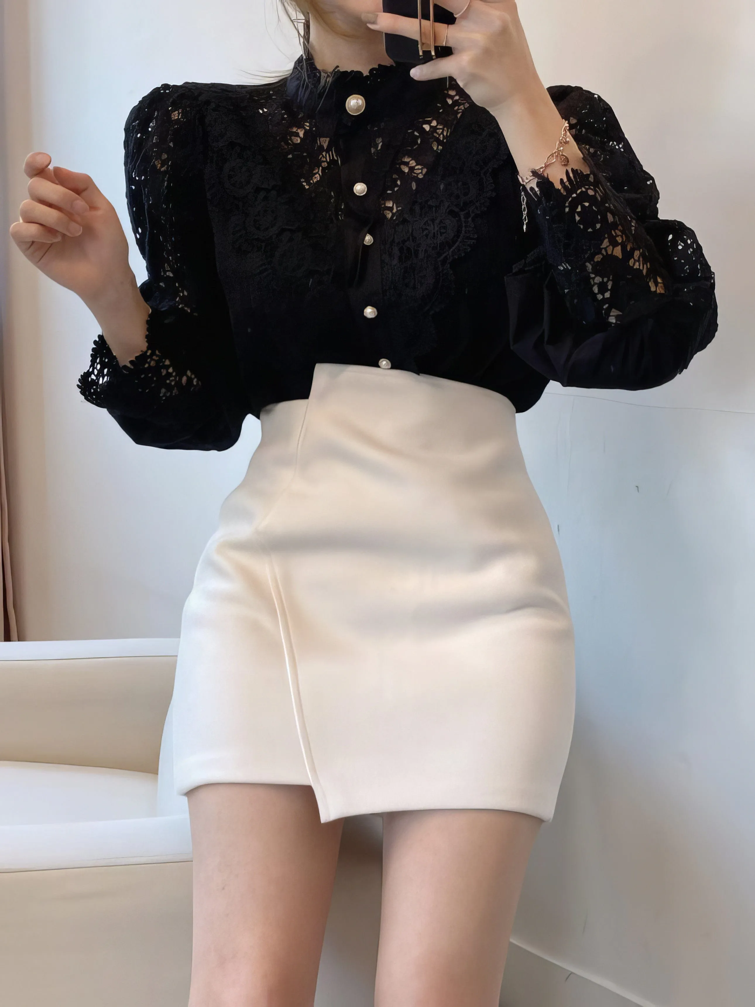 Bohemian Lace Blouse with Puff Sleeves and Pearl Accents