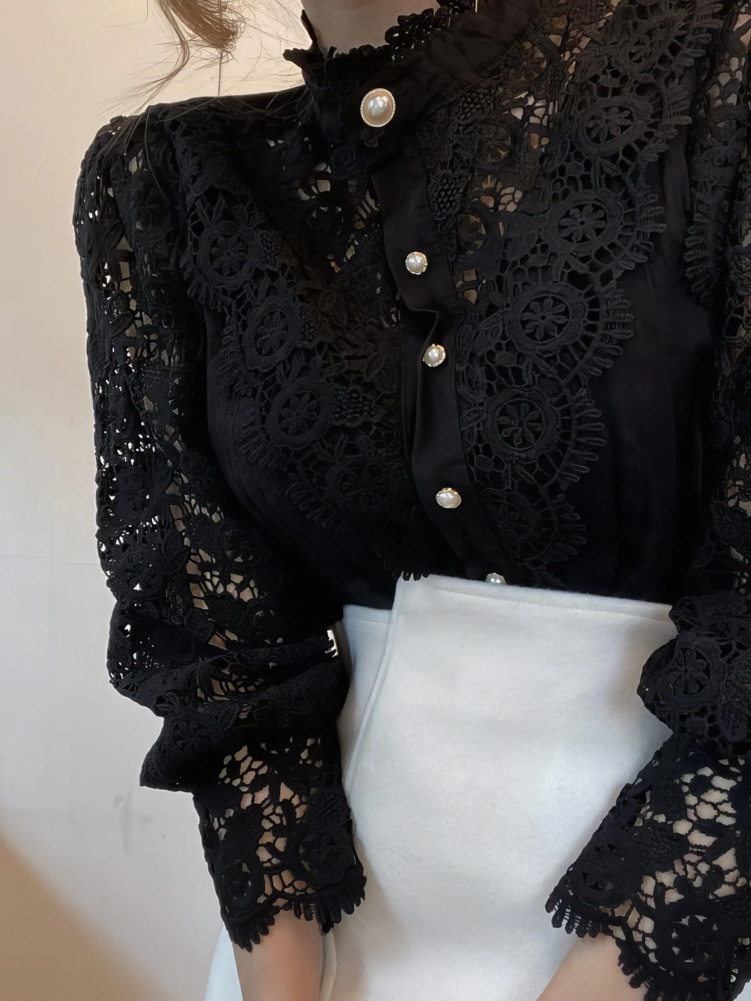 Bohemian Lace Blouse with Puff Sleeves and Pearl Accents
