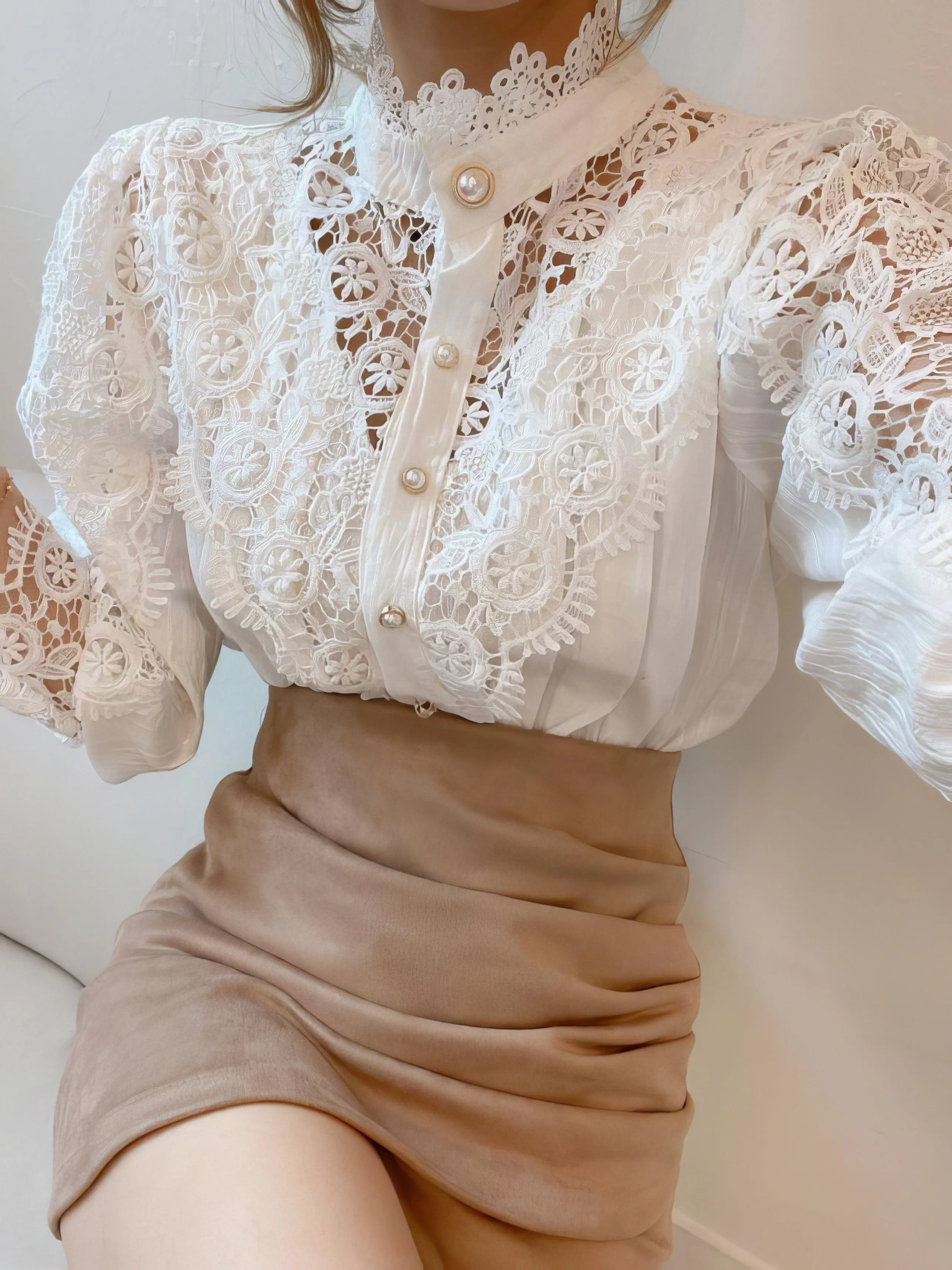 Bohemian Lace Blouse with Puff Sleeves and Pearl Accents