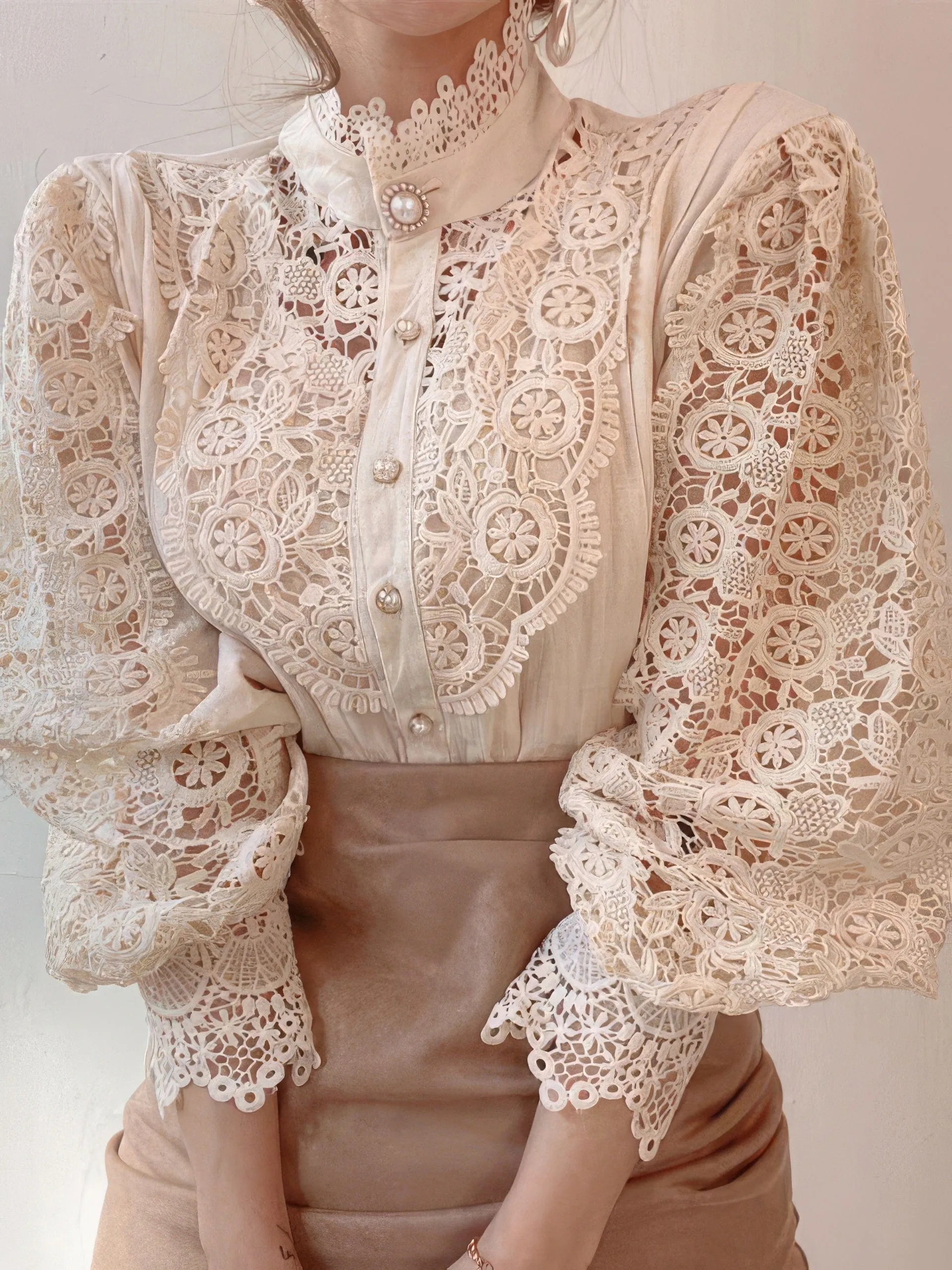 Bohemian Lace Blouse with Puff Sleeves and Pearl Accents