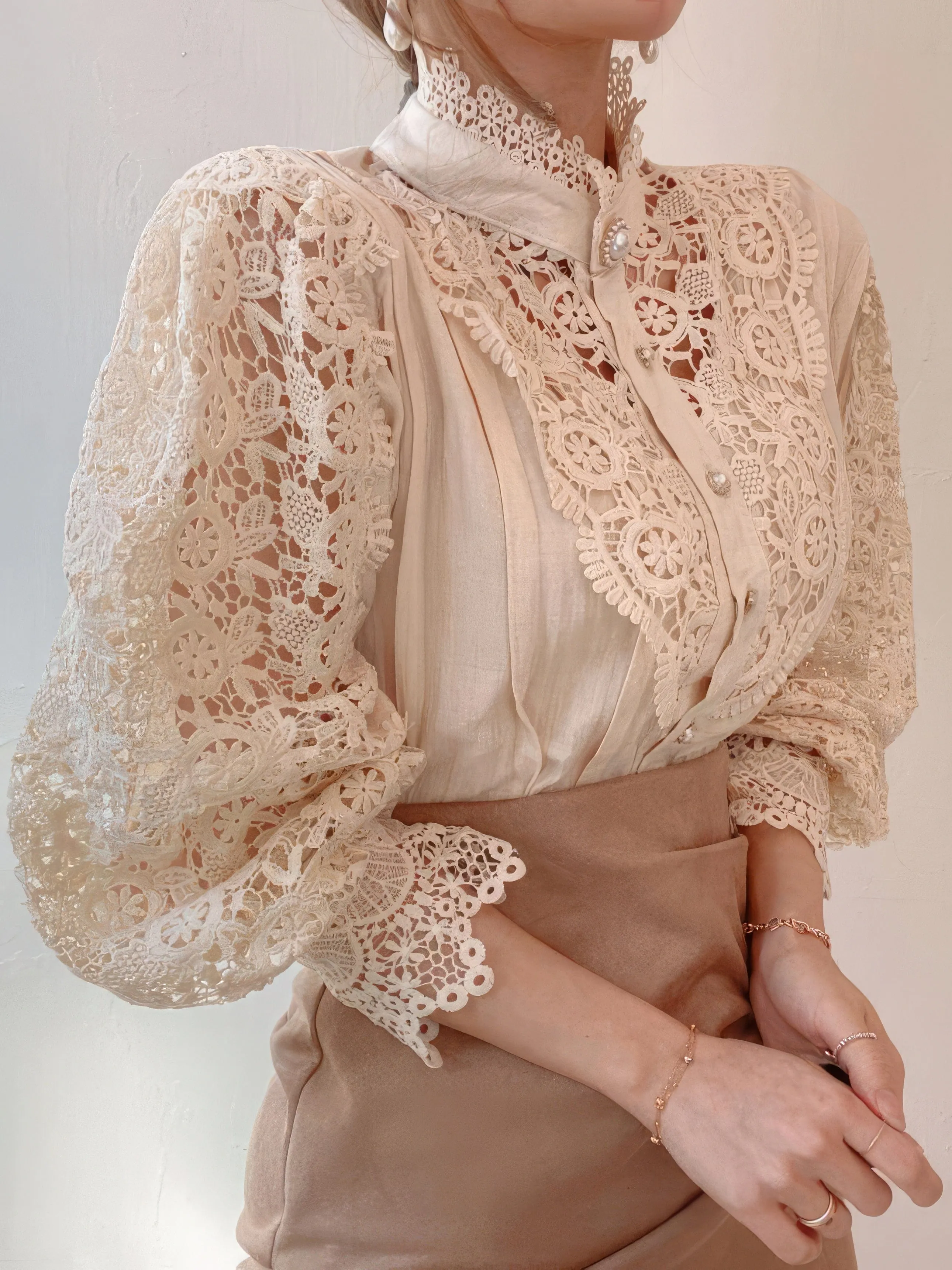 Bohemian Lace Blouse with Puff Sleeves and Pearl Accents