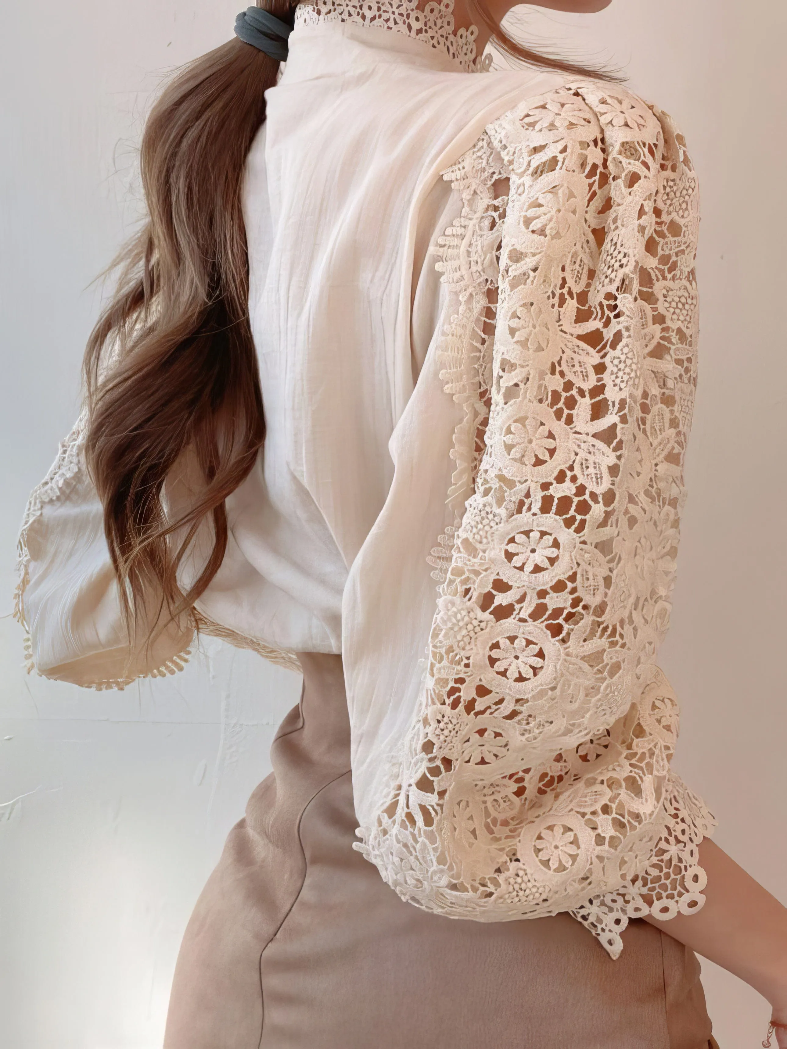 Bohemian Lace Blouse with Puff Sleeves and Pearl Accents