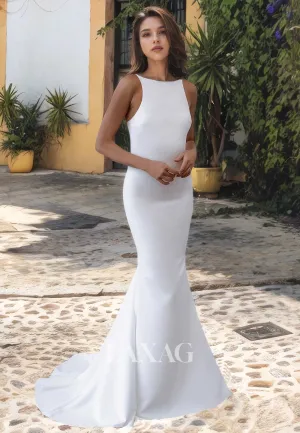 Boho Scoop-Neck Mermaid Wedding Dress Sleeveless Satin with Sweep Train Formal Bridal Gown