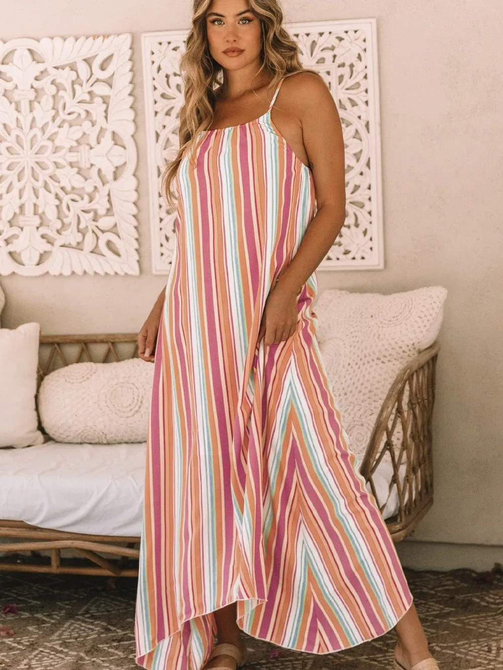 Boho Striped Sleeveless Maxi Dress for Summer Holidays