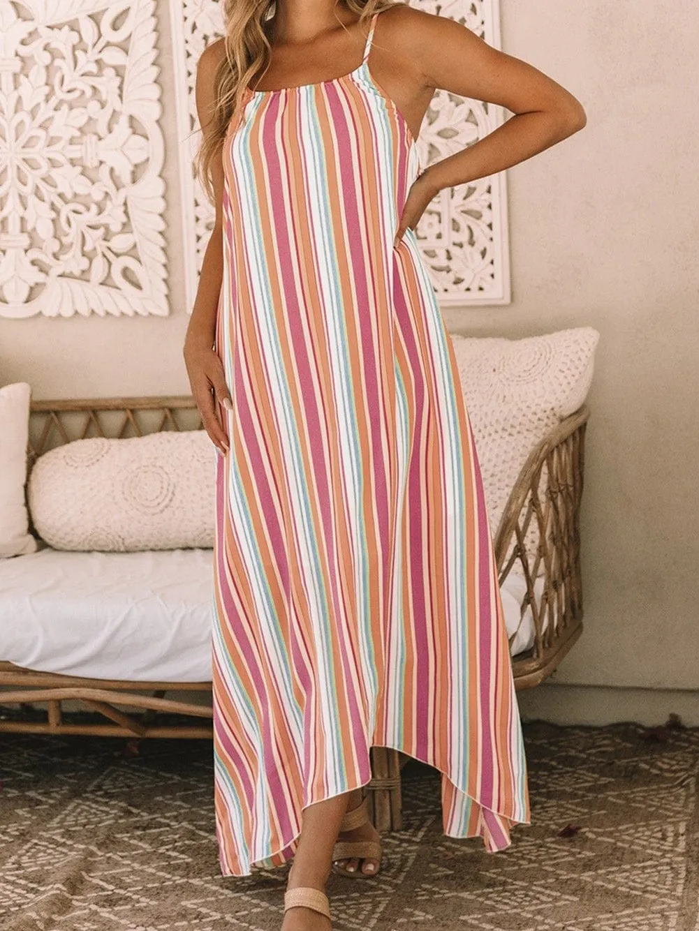 Boho Striped Sleeveless Maxi Dress for Summer Holidays