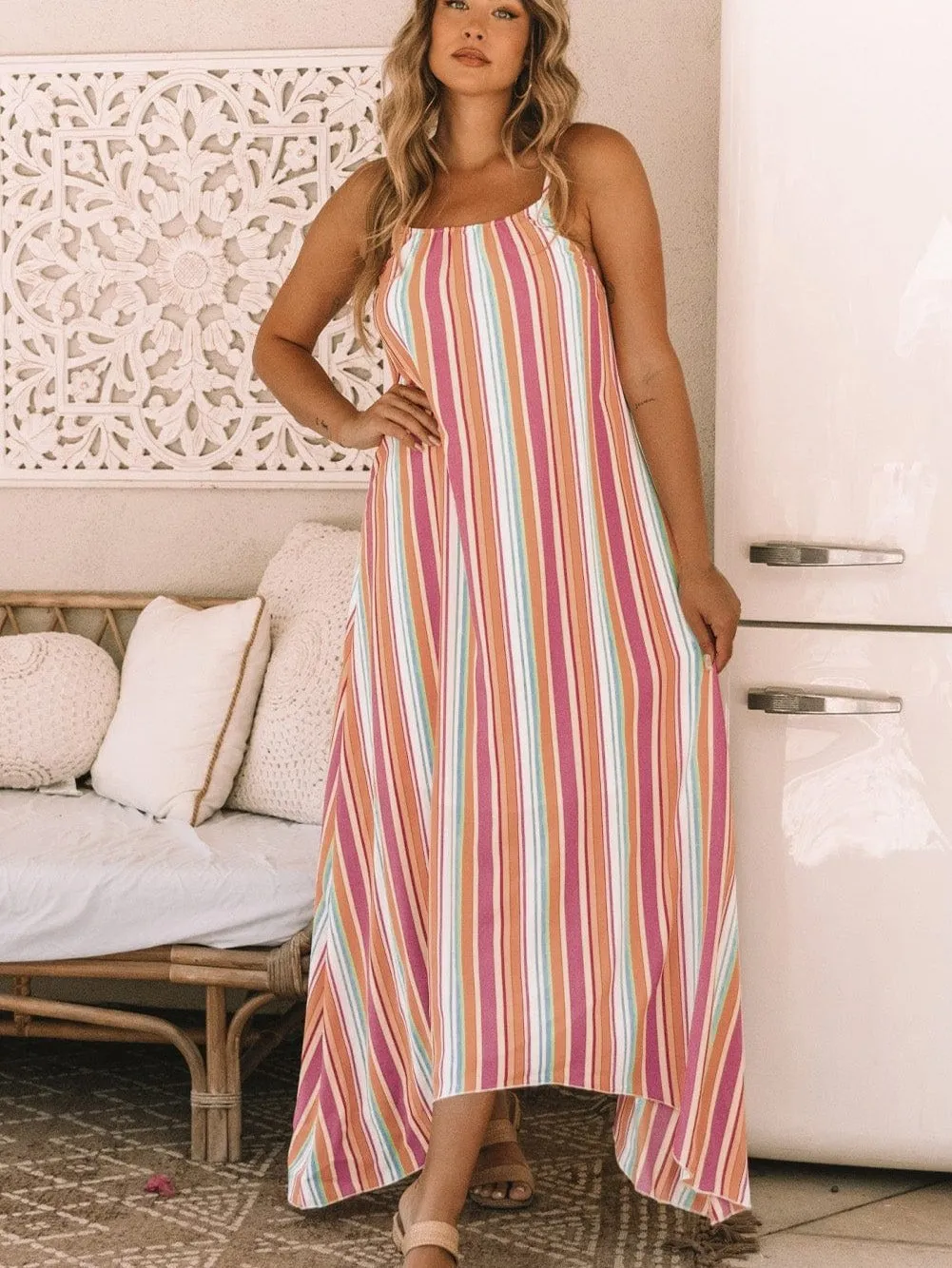 Boho Striped Sleeveless Maxi Dress for Summer Holidays