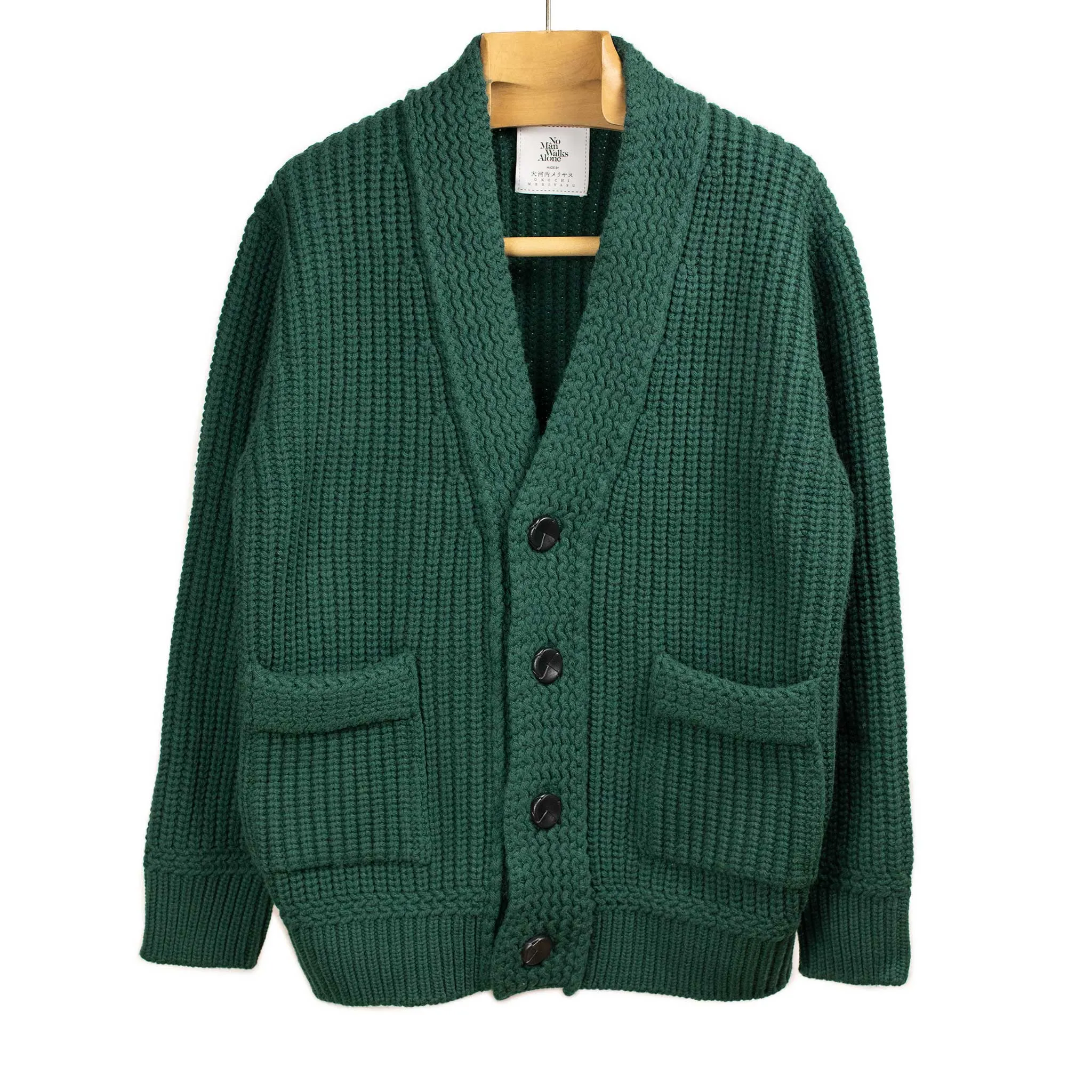 Chunky ribbed cardigan in jade green French Merino wool (restock)