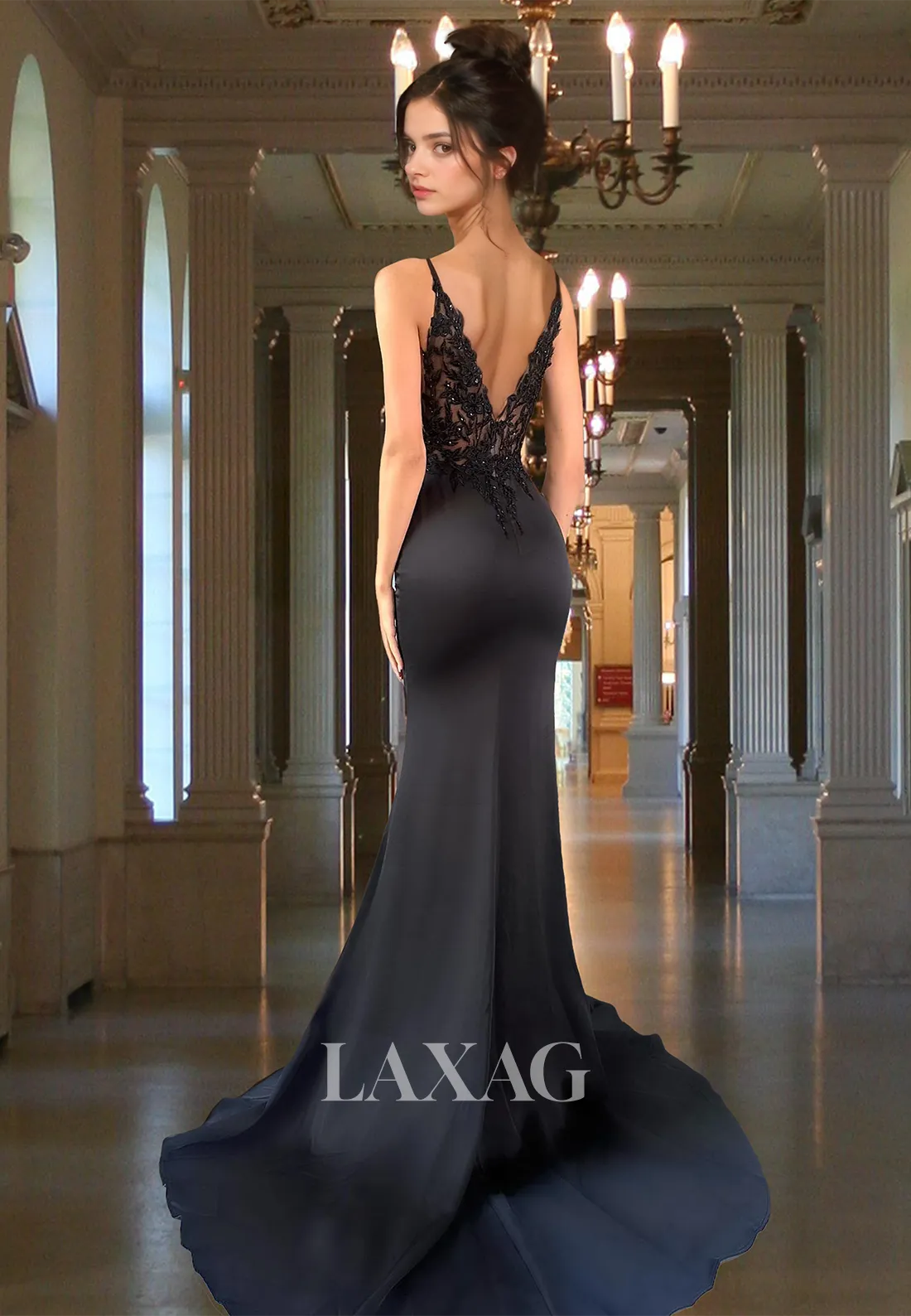 Deep V-Neck Spaghetti Straps Sleeveless Evening Gowns Beaded Applique Mermaid Prom Dress with Sweep Train