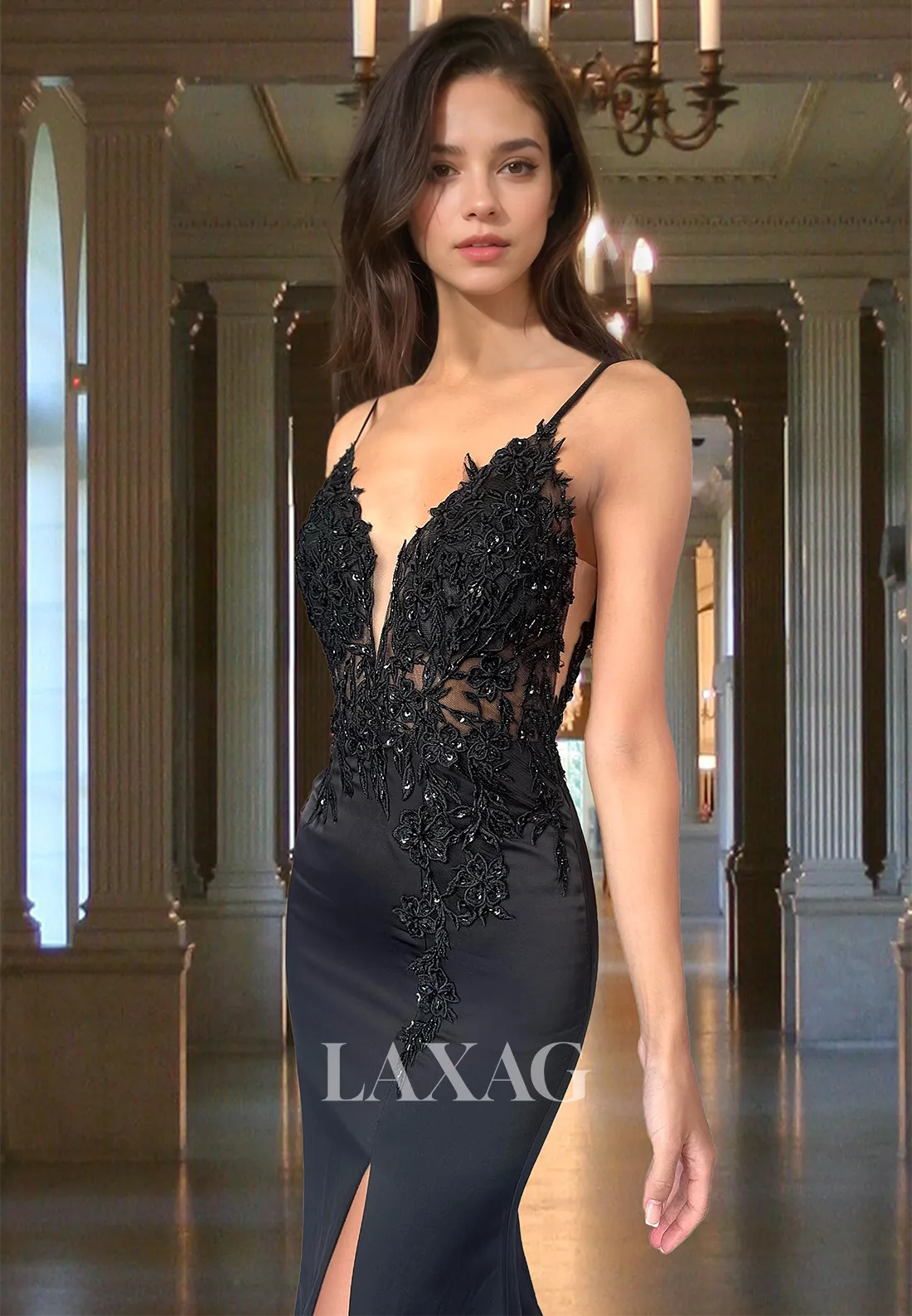 Deep V-Neck Spaghetti Straps Sleeveless Evening Gowns Beaded Applique Mermaid Prom Dress with Sweep Train