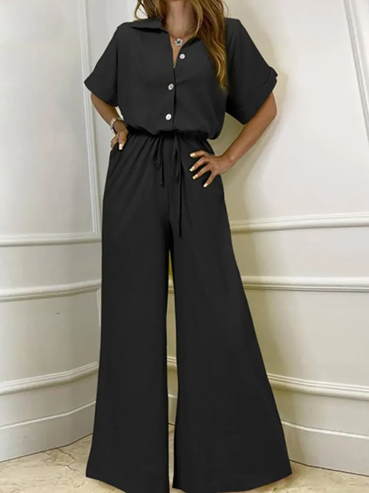Drawstring Lace-up Shirt Jumpsuits