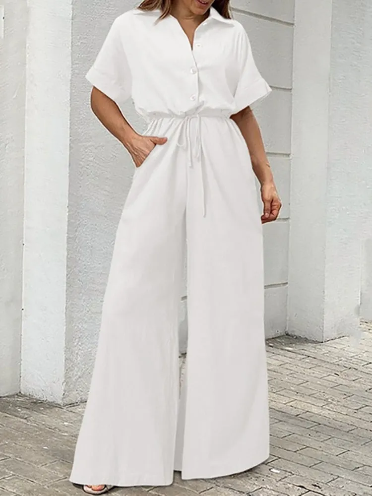 Drawstring Lace-up Shirt Jumpsuits