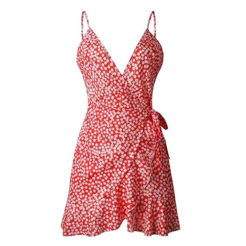FashionSierra - Print Ruffled Wrap Dress Women Strap Mini Sundress
