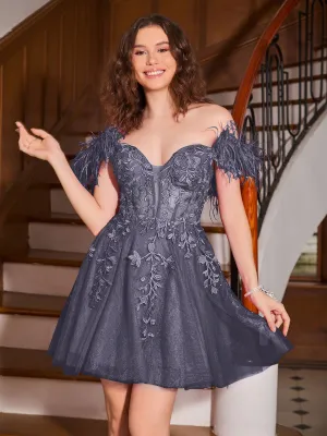 Feather Adorned Off-the-shoulder Cocktail Dress Stormy