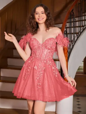 Feather Adorned Off-the-shoulder Cocktail Dress Watermelon