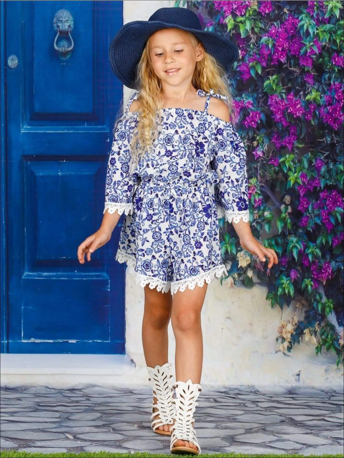 Girls 3/4 Sleeve Trimmed Off the Shoulder Elastic Waist Romper