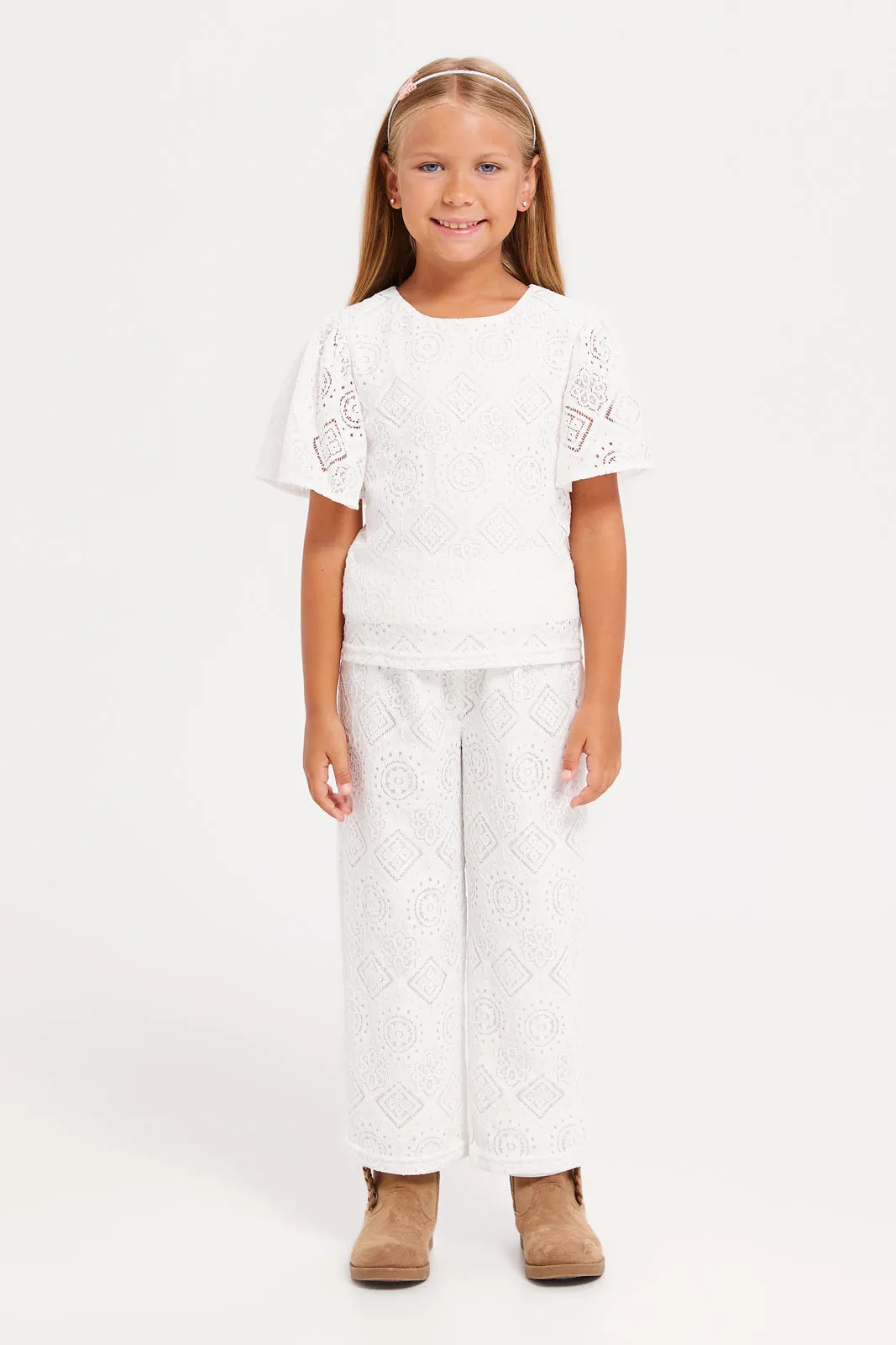 Girls White Lace Flutter Sleeve Blouse