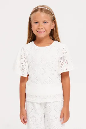 Girls White Lace Flutter Sleeve Blouse