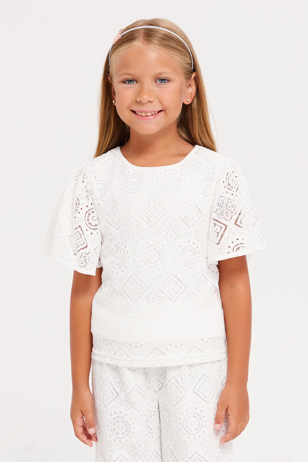 Girls White Lace Flutter Sleeve Blouse