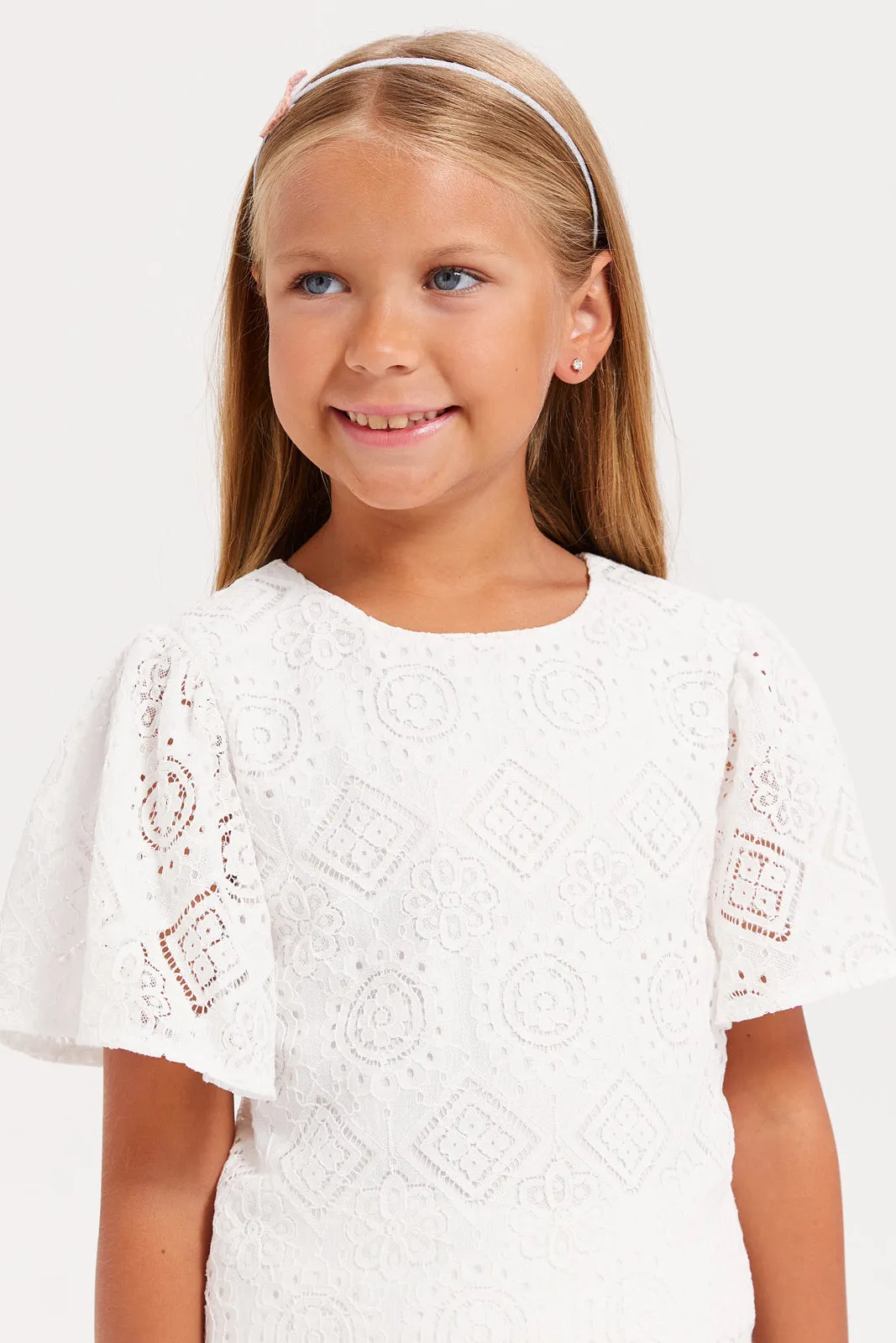 Girls White Lace Flutter Sleeve Blouse