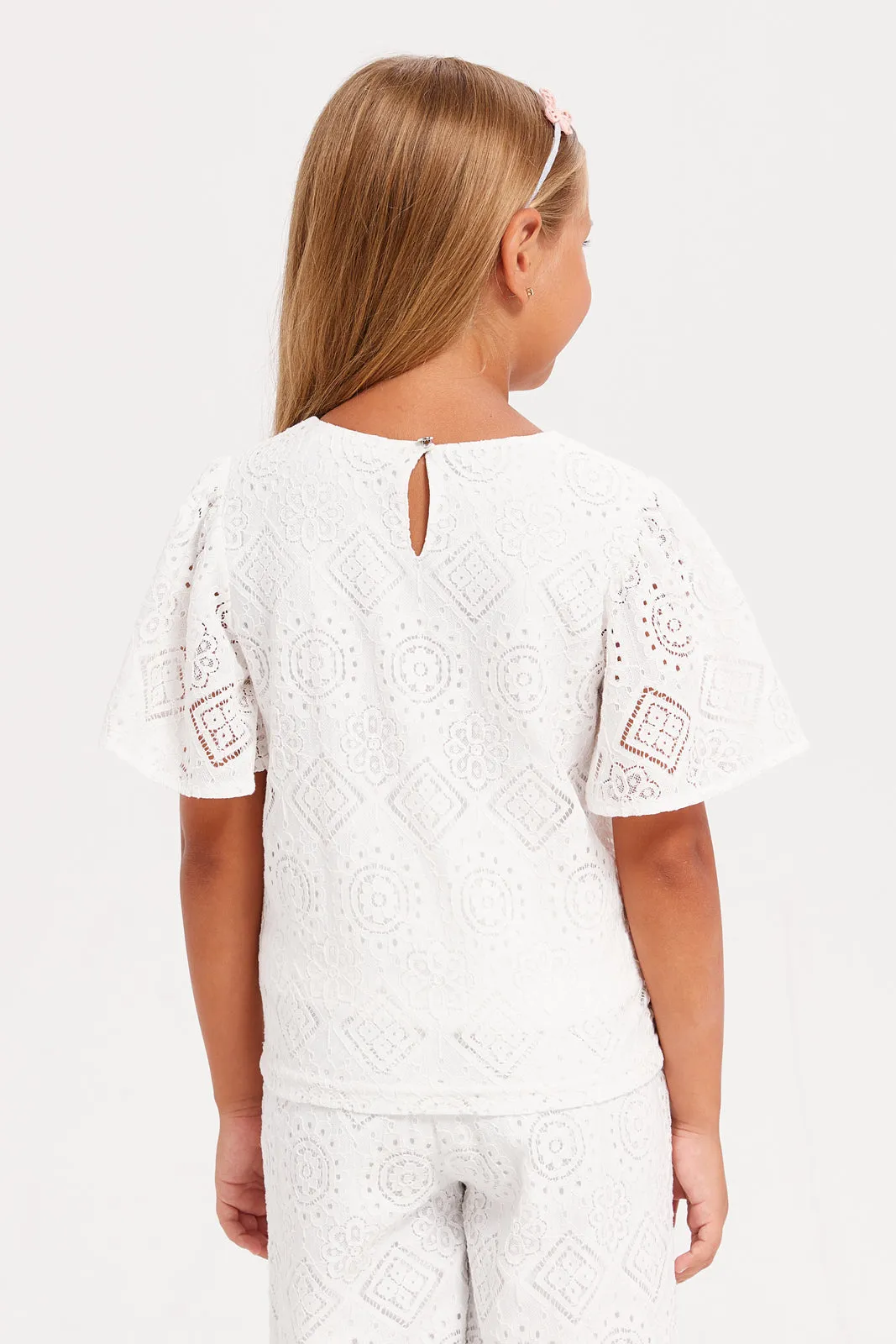 Girls White Lace Flutter Sleeve Blouse