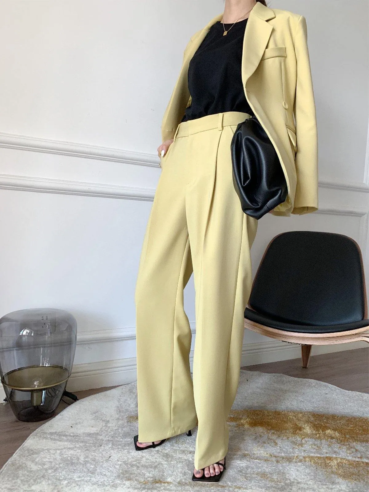 High Rise Pleated Straight Trouser - Yellow