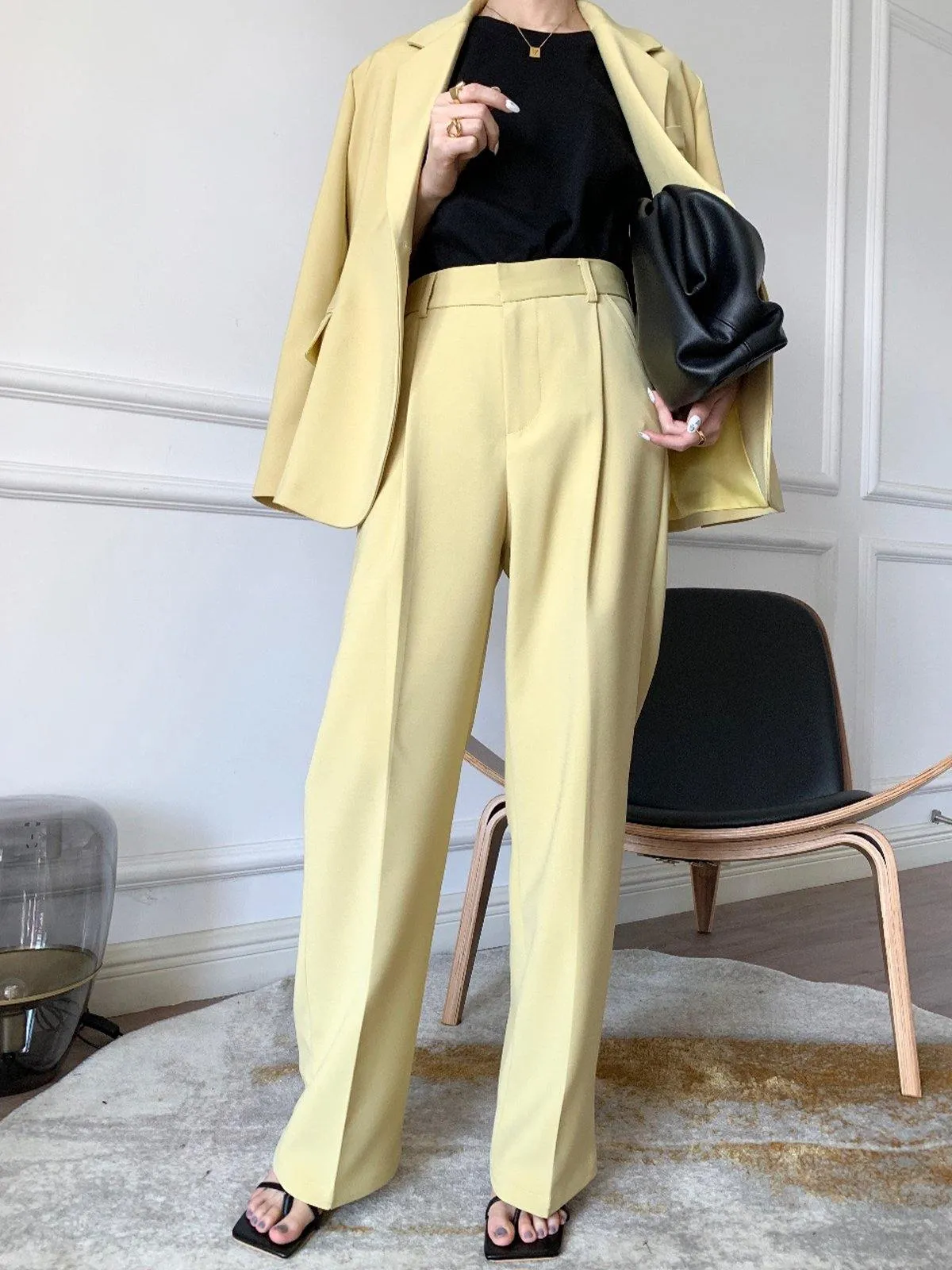 High Rise Pleated Straight Trouser - Yellow