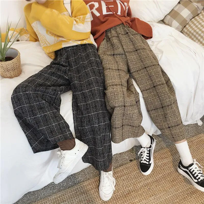 High Waist Ankle Length Wide Leg Plaid Pants