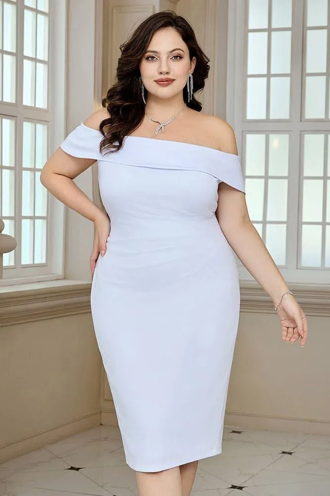 HN Off Shoulder Back Slit Ruched Hips-wrapped Party White Dress