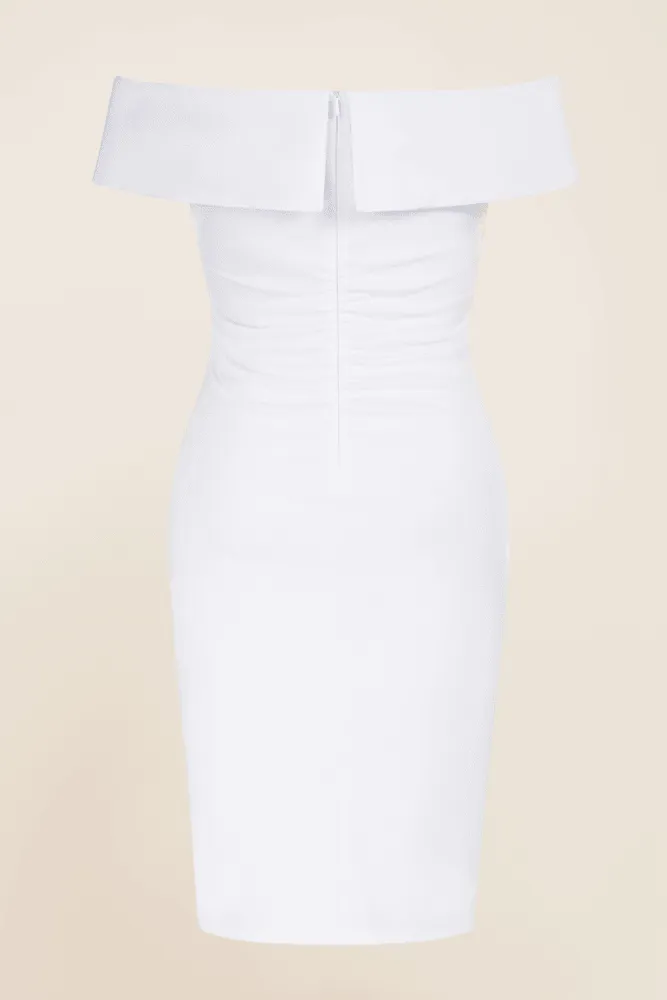 HN Off Shoulder Back Slit Ruched Hips-wrapped Party White Dress