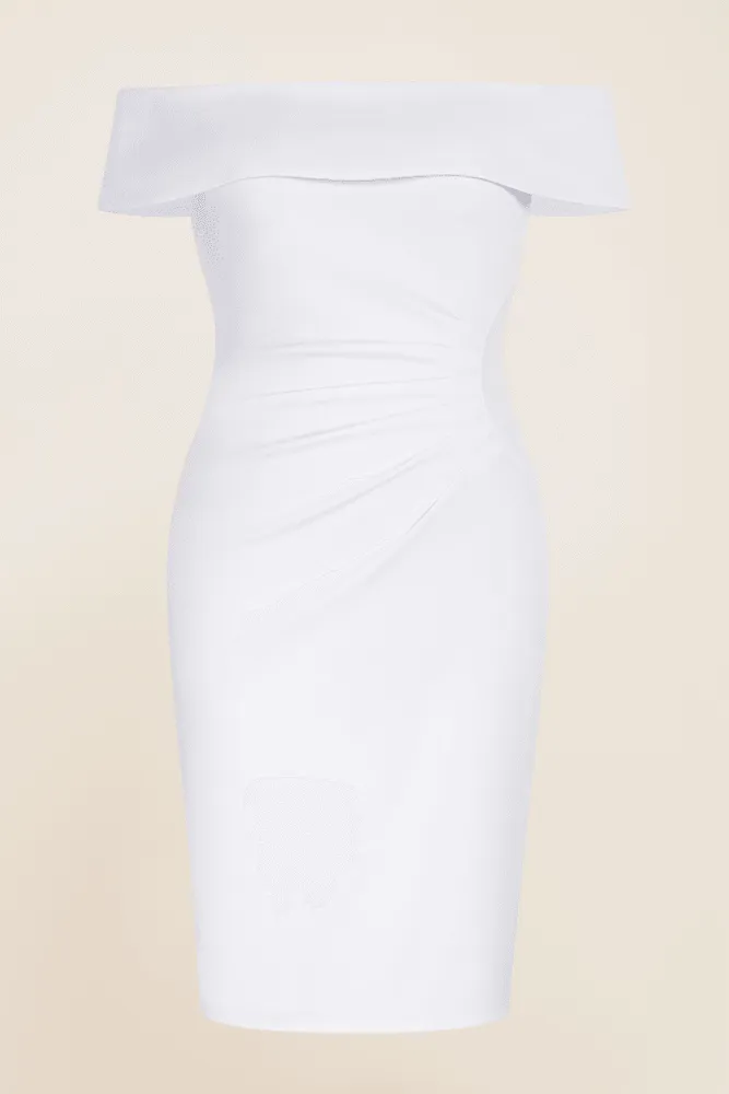 HN Off Shoulder Back Slit Ruched Hips-wrapped Party White Dress